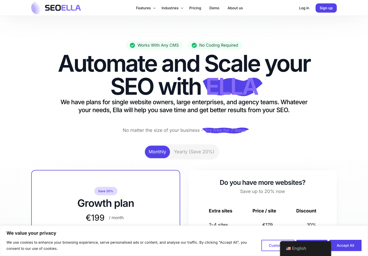 SEOELLA:s prissida: Growth plan €199 per månad