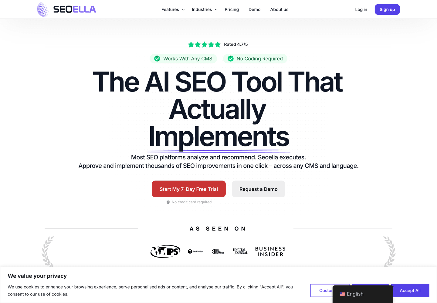 SEOELLA:s startsida på engelska med 7-day free trial