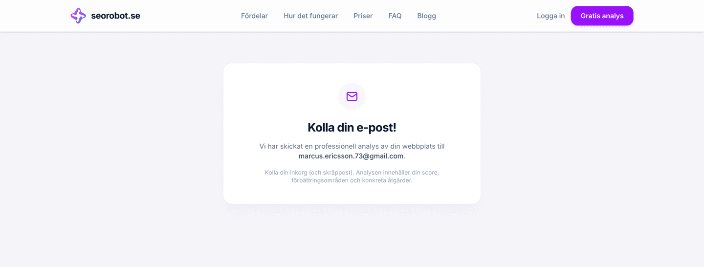 Bekräftelsevyn efter analysen: Kolla din e-post