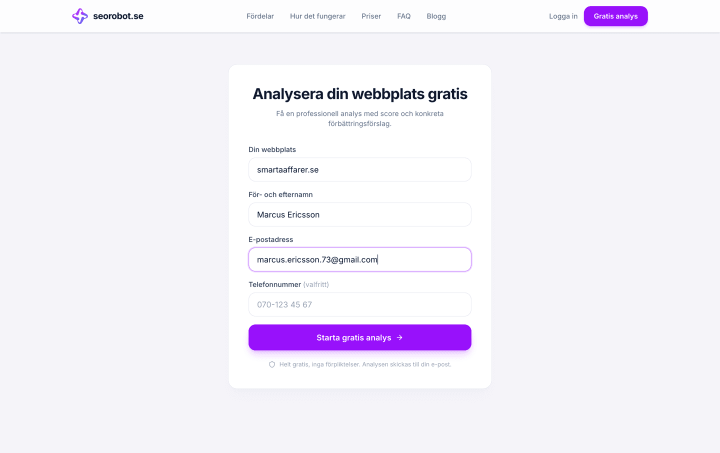 seorobot.se gratisanalys-formulär ifyllt med smartaaffarer.se